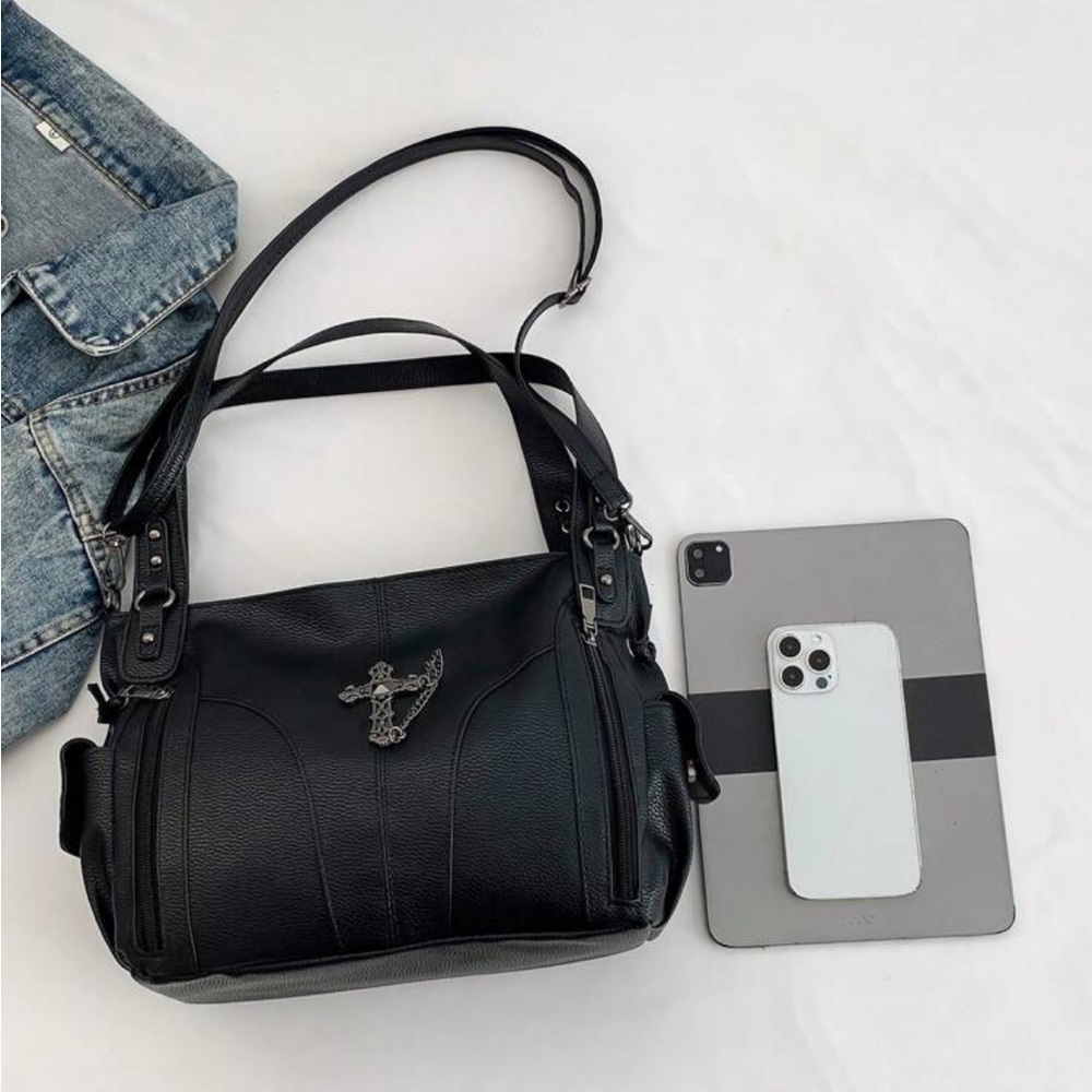 Y2k Large Capacity Shoulder Bag, Black PU Leather Cross Tote - Picture 2 of 5